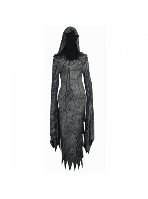 Gray Floral Branches Printed Irregular Pointy Burr Hem Knitted Hooded Punk Dress