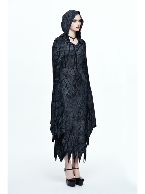 Gray Floral Branches Printed Irregular Pointy Burr Hem Knitted Hooded Punk Dress