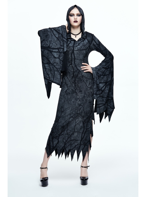 Gray Floral Branches Printed Irregular Pointy Burr Hem Knitted Hooded Punk Dress