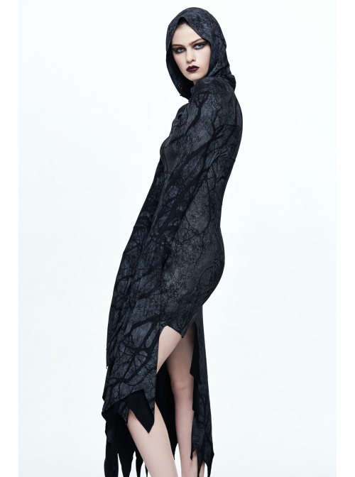 Gray Floral Branches Printed Irregular Pointy Burr Hem Knitted Hooded Punk Dress