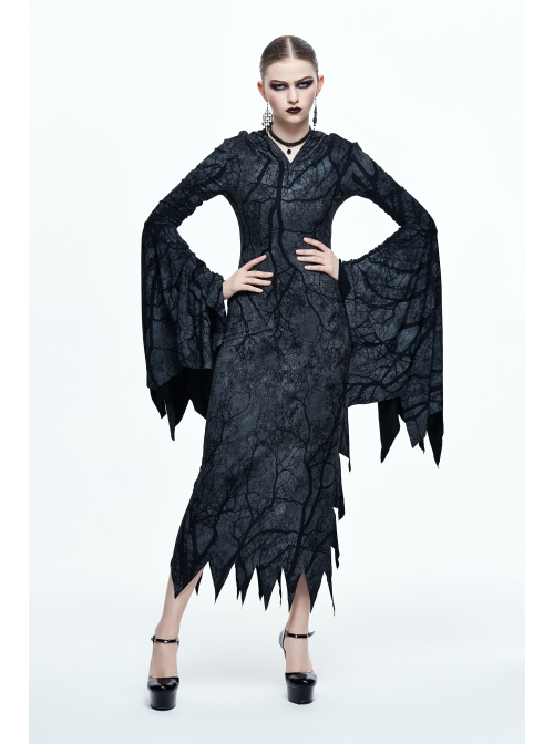 Gray Floral Branches Printed Irregular Pointy Burr Hem Knitted Hooded Punk Dress