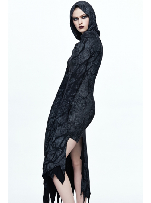 Gray Floral Branches Printed Irregular Pointy Burr Hem Knitted Hooded Punk Dress