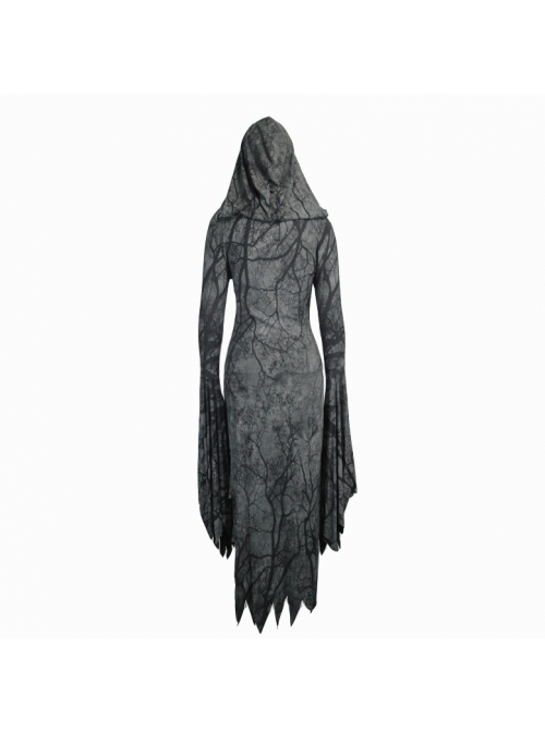 Gray Floral Branches Printed Irregular Pointy Burr Hem Knitted Hooded Punk Dress