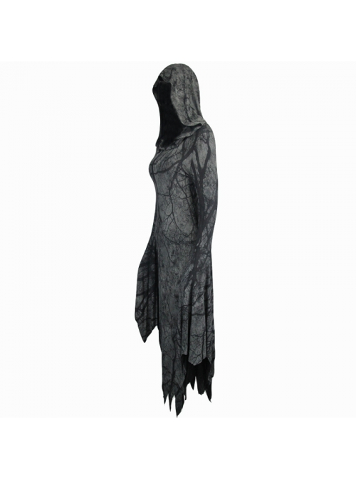 Gray Floral Branches Printed Irregular Pointy Burr Hem Knitted Hooded Punk Dress