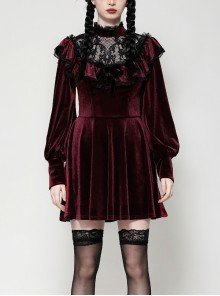 Wine Red Retro Velvet Lace Mesh Splicing Sweet Ruffle Bow Gothic Style Long Sleeves Dress