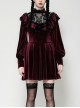 Wine Red Retro Velvet Lace Mesh Splicing Sweet Ruffle Bow Gothic Style Long Sleeves Dress