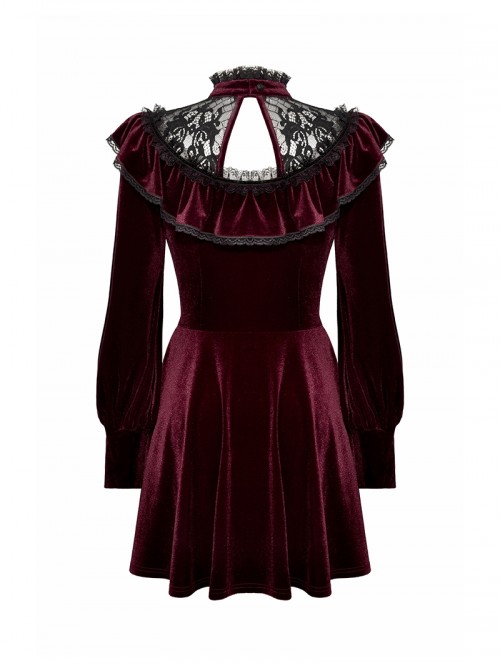 Wine Red Retro Velvet Lace Mesh Splicing Sweet Ruffle Bow Gothic Style Long Sleeves Dress