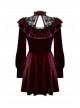 Wine Red Retro Velvet Lace Mesh Splicing Sweet Ruffle Bow Gothic Style Long Sleeves Dress