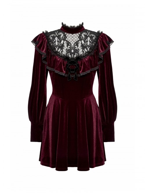 Wine Red Retro Velvet Lace Mesh Splicing Sweet Ruffle Bow Gothic Style Long Sleeves Dress
