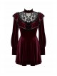 Wine Red Retro Velvet Lace Mesh Splicing Sweet Ruffle Bow Gothic Style Long Sleeves Dress