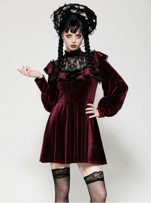 Wine Red Retro Velvet Lace Mesh Splicing Sweet Ruffle Bow Gothic Style Long Sleeves Dress