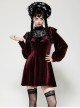Wine Red Retro Velvet Lace Mesh Splicing Sweet Ruffle Bow Gothic Style Long Sleeves Dress