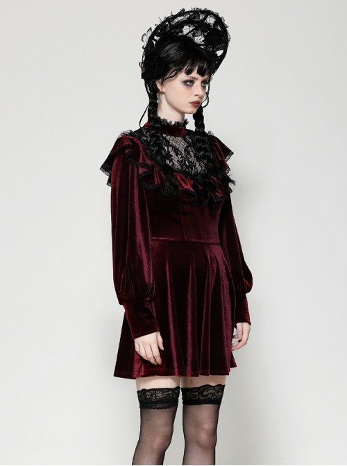 Wine Red Retro Velvet Lace Mesh Splicing Sweet Ruffle Bow Gothic Style Long Sleeves Dress