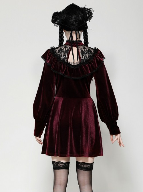 Wine Red Retro Velvet Lace Mesh Splicing Sweet Ruffle Bow Gothic Style Long Sleeves Dress