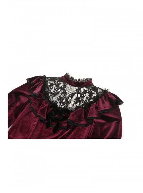 Wine Red Retro Velvet Lace Mesh Splicing Sweet Ruffle Bow Gothic Style Long Sleeves Dress