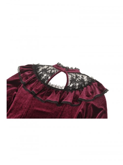 Wine Red Retro Velvet Lace Mesh Splicing Sweet Ruffle Bow Gothic Style Long Sleeves Dress
