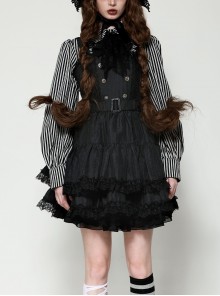 Black Unique Striped Metal Double-Breasted Decorative Hem Lace Splicing Gothic Style Suspender Doll Dress