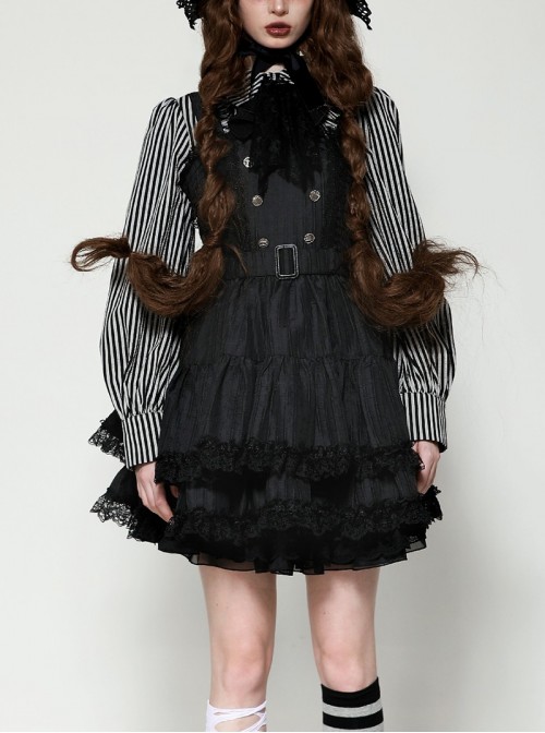 Black Unique Striped Metal Double-Breasted Decorative Hem Lace Splicing Gothic Style Suspender Doll Dress