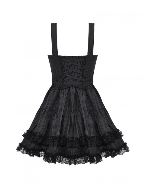 Black Unique Striped Metal Double-Breasted Decorative Hem Lace Splicing Gothic Style Suspender Doll Dress