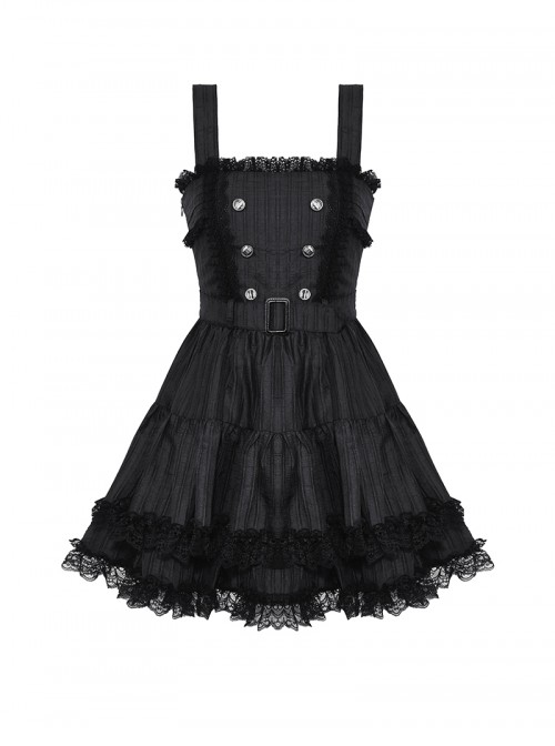 Black Unique Striped Metal Double-Breasted Decorative Hem Lace Splicing Gothic Style Suspender Doll Dress
