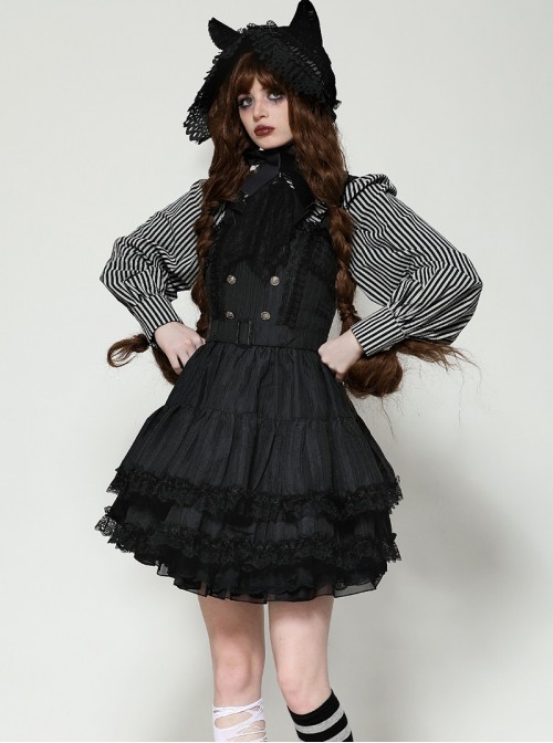 Black Unique Striped Metal Double-Breasted Decorative Hem Lace Splicing Gothic Style Suspender Doll Dress