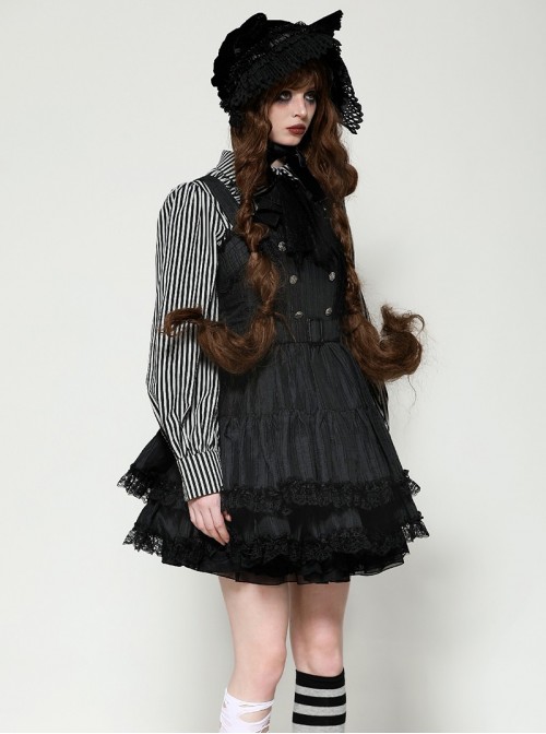 Black Unique Striped Metal Double-Breasted Decorative Hem Lace Splicing Gothic Style Suspender Doll Dress