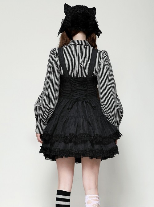 Black Unique Striped Metal Double-Breasted Decorative Hem Lace Splicing Gothic Style Suspender Doll Dress