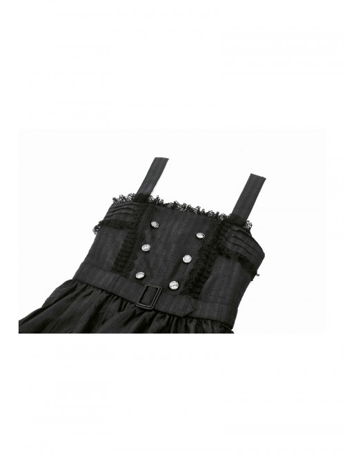 Black Unique Striped Metal Double-Breasted Decorative Hem Lace Splicing Gothic Style Suspender Doll Dress
