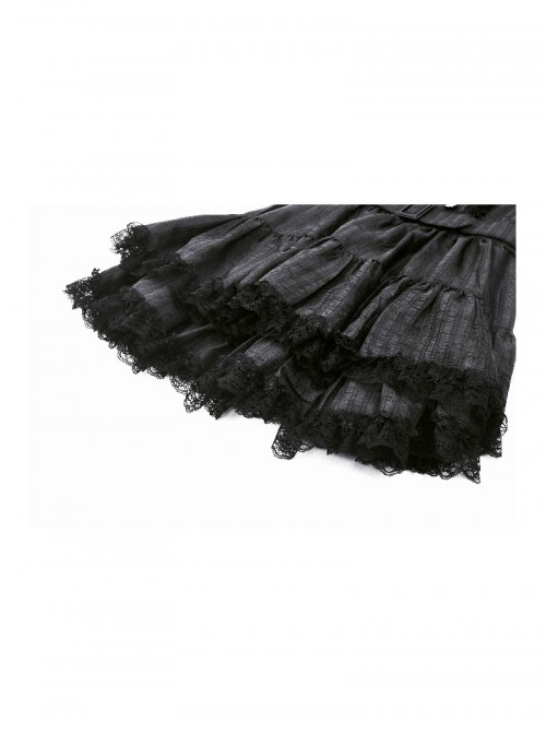 Black Unique Striped Metal Double-Breasted Decorative Hem Lace Splicing Gothic Style Suspender Doll Dress