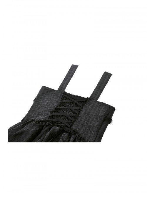 Black Unique Striped Metal Double-Breasted Decorative Hem Lace Splicing Gothic Style Suspender Doll Dress
