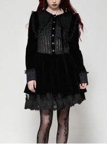 Black Luxury Velvet Lace Splicing Retro Metal Button Gothic Style Long Sleeves Dress