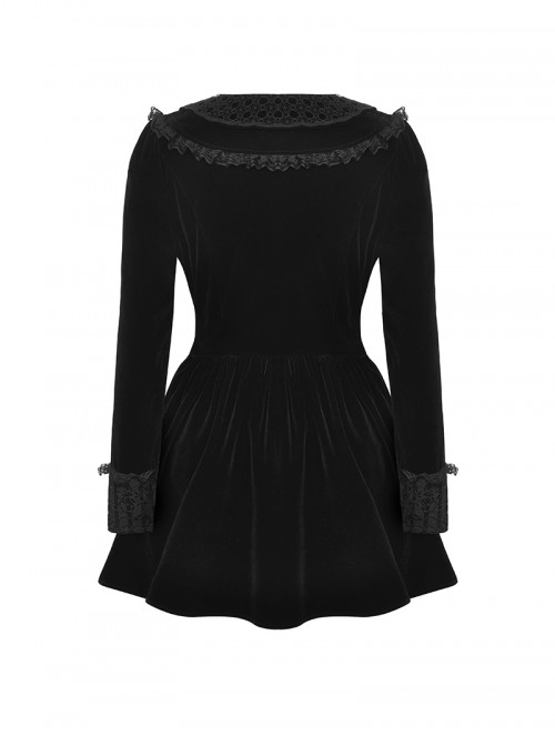 Black Luxury Velvet Lace Splicing Retro Metal Button Gothic Style Long Sleeves Dress
