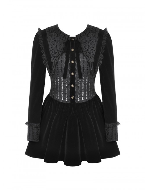 Black Luxury Velvet Lace Splicing Retro Metal Button Gothic Style Long Sleeves Dress