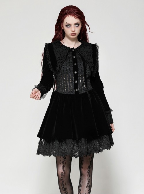 Black Luxury Velvet Lace Splicing Retro Metal Button Gothic Style Long Sleeves Dress