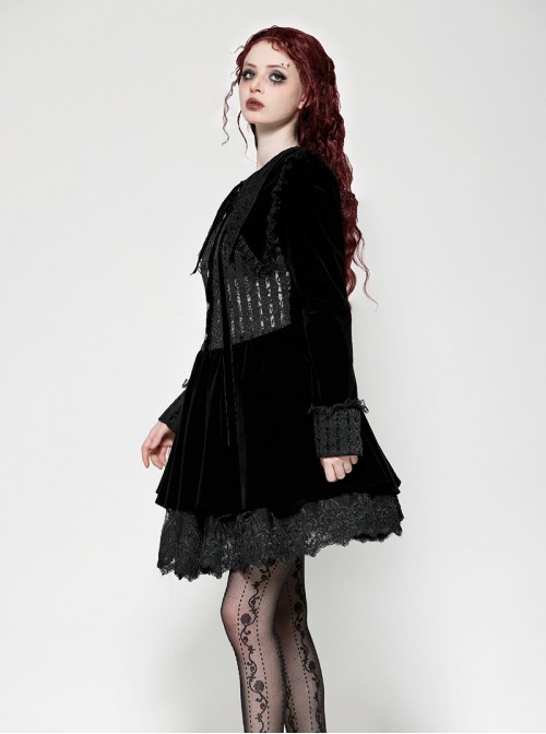 Black Luxury Velvet Lace Splicing Retro Metal Button Gothic Style Long Sleeves Dress