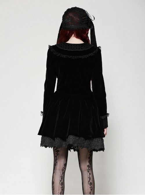 Black Luxury Velvet Lace Splicing Retro Metal Button Gothic Style Long Sleeves Dress