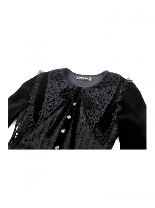 Black Luxury Velvet Lace Splicing Retro Metal Button Gothic Style Long Sleeves Dress