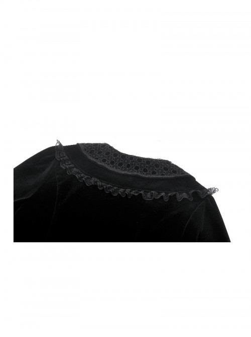 Black Luxury Velvet Lace Splicing Retro Metal Button Gothic Style Long Sleeves Dress
