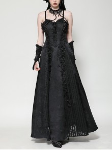 Black Lace Splicing Gorgeous Flower Decoration Embroidery Dark Pattern Gothic Style Suspender Dress
