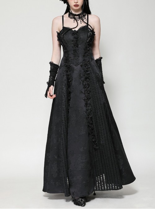 Black Lace Splicing Gorgeous Flower Decoration Embroidery Dark Pattern Gothic Style Suspender Dress