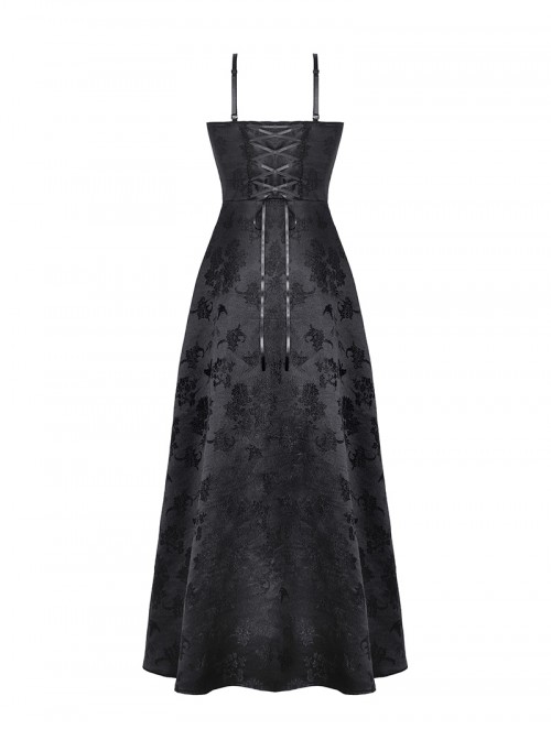 Black Lace Splicing Gorgeous Flower Decoration Embroidery Dark Pattern Gothic Style Suspender Dress