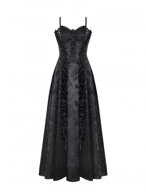 Black Lace Splicing Gorgeous Flower Decoration Embroidery Dark Pattern Gothic Style Suspender Dress