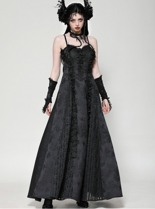 Black Lace Splicing Gorgeous Flower Decoration Embroidery Dark Pattern Gothic Style Suspender Dress