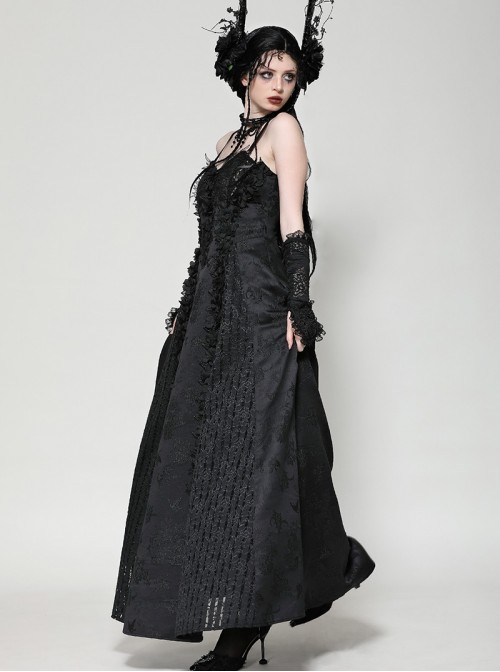 Black Lace Splicing Gorgeous Flower Decoration Embroidery Dark Pattern Gothic Style Suspender Dress
