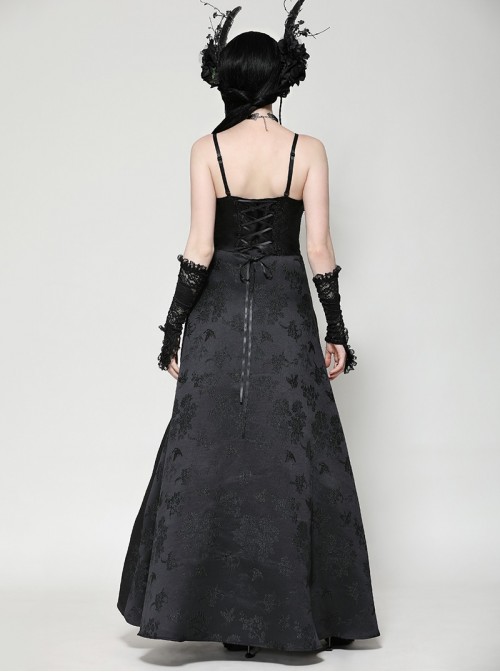 Black Lace Splicing Gorgeous Flower Decoration Embroidery Dark Pattern Gothic Style Suspender Dress