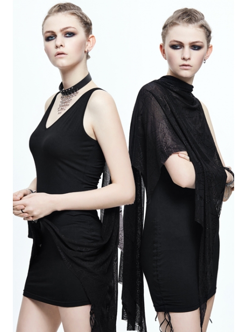 Spider Web Jacquard Mesh Bat Wings Shawl Side Lace-Up Black Punk Dress