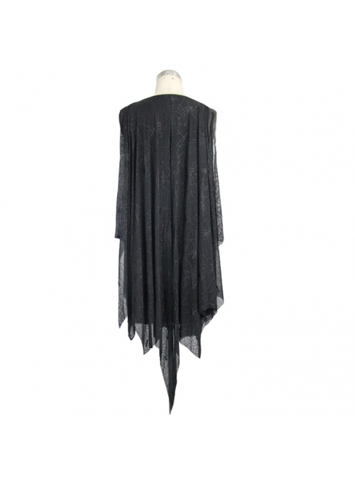 Spider Web Jacquard Mesh Bat Wings Shawl Side Lace-Up Black Punk Dress