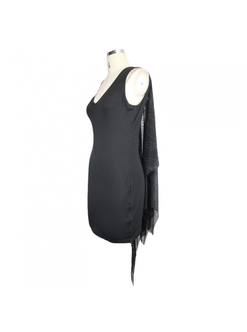 Spider Web Jacquard Mesh Bat Wings Shawl Side Lace-Up Black Punk Dress