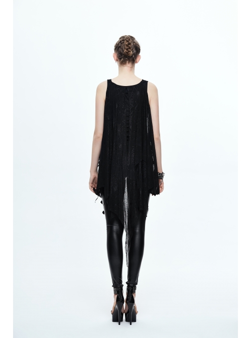 Spider Web Jacquard Mesh Bat Wings Shawl Side Lace-Up Black Punk Dress