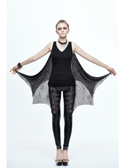 Spider Web Jacquard Mesh Bat Wings Shawl Side Lace-Up Black Punk Dress